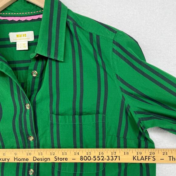 MAEVE ANTHROPOLOGIE Shirt 6 Striped Button Up Roll Tab Cottagecore Cotton Green - Picture 14 of 16